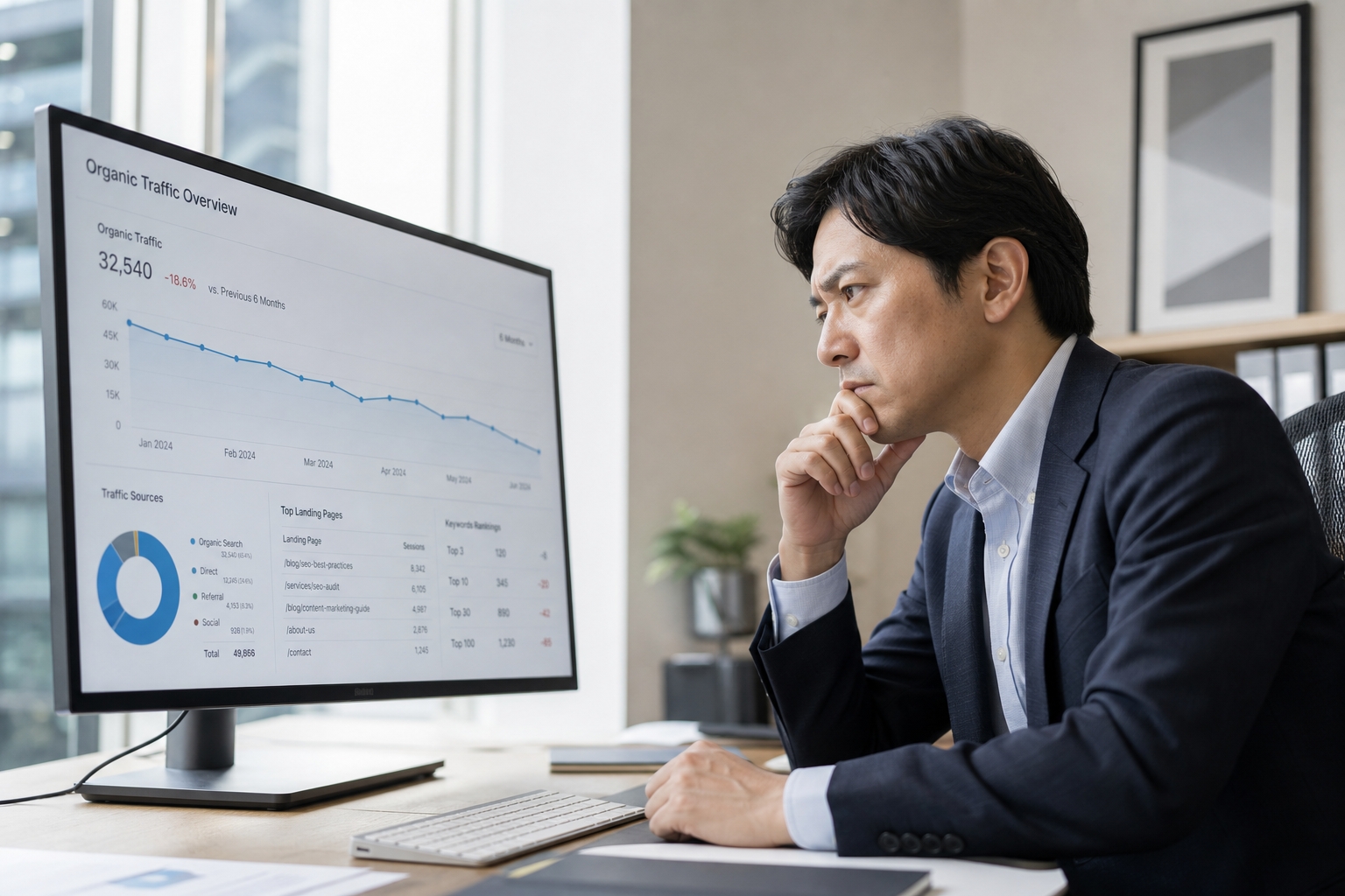 自然検索流入の減少をモニターで確認するマーケティングマネージャー