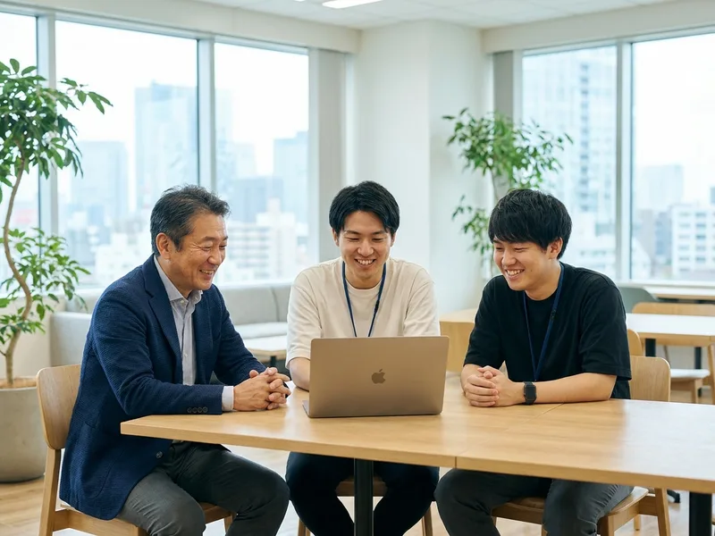 代表とスタッフが同じテーブルで打ち合わせしている様子